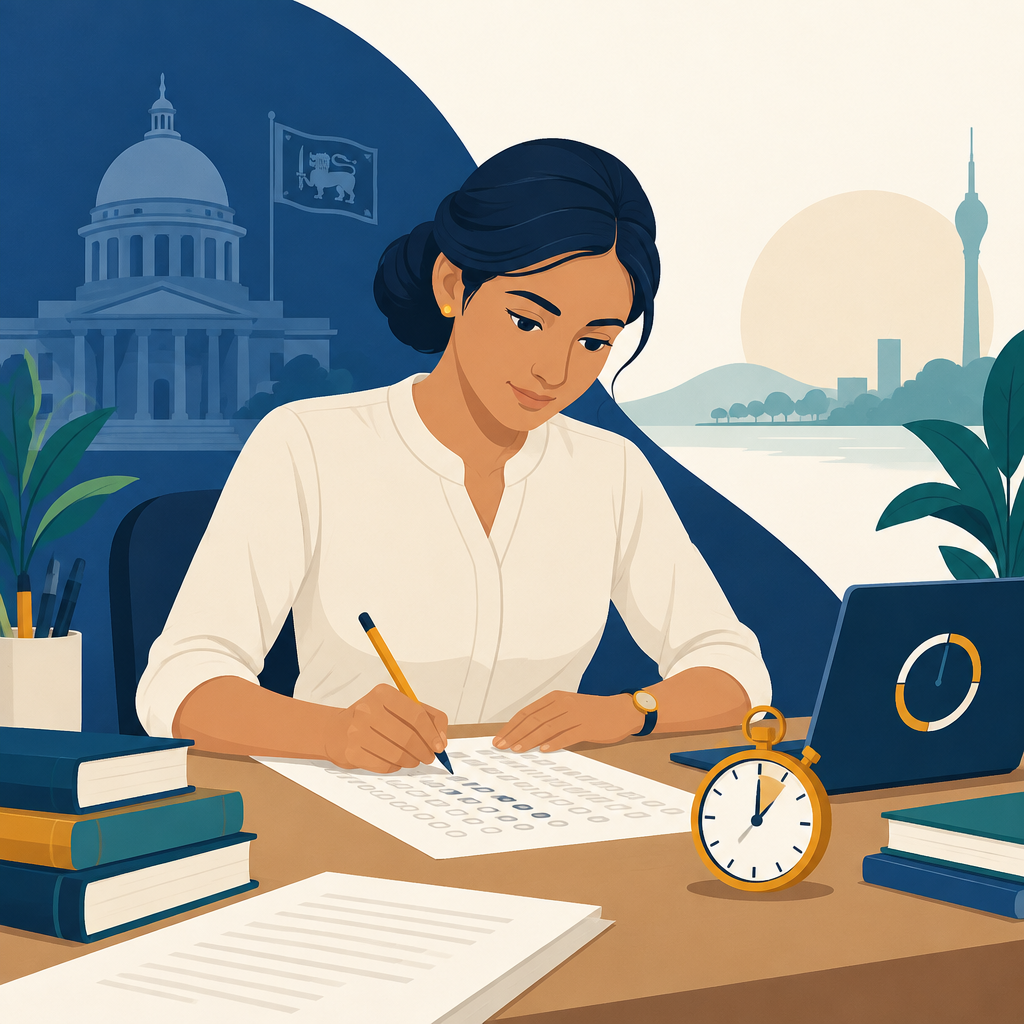 නියමිත කාලය තුළ පිළිතුරු ලියන සිසුවෙක් සහ පැත්තෙන් විභාග ඔරලෝසුවක්